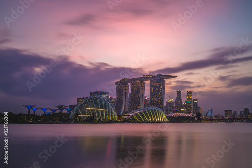 skyline of singapore at the marina bay with iconic building such as supertree, marina bay sands, artscience museum.