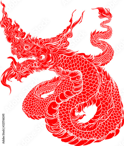 Thai asian dragon isolate on white background.Coloring book king snake and Thai style tattoo.
