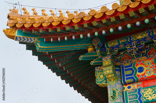 Detail of painted building and roof in the Hall of Supreme Harmony Square in Forbidden City Beijing