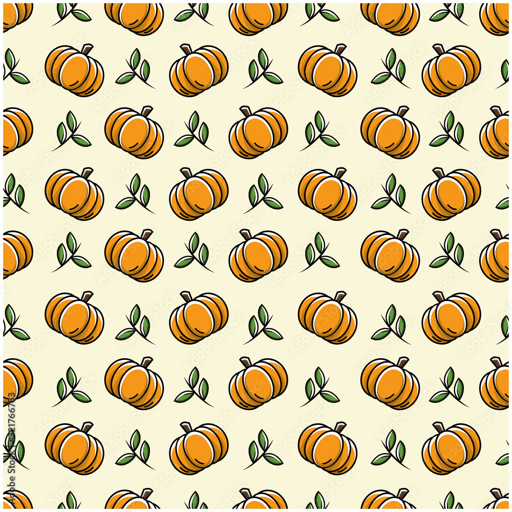Pumpkin fruit flat with leaves vector background seamless pattern.  Scalable and editable. Vector pattern for textile, print, fabric, backdrop, wallpaper, background.