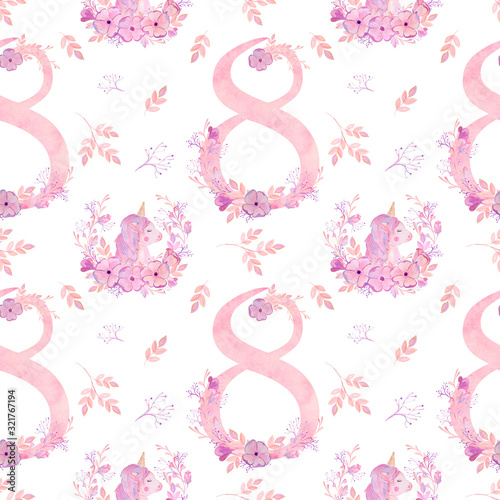 March 8 seamless pattern. International Women's Day. Watercolor illustration, delicate pink flowers.