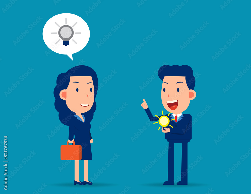 Manager give new idea for colleague. Business creativity concept. Flat cartoon vector style Manager give new idea for colleague. Business creativity concept. Flat cartoon vector style