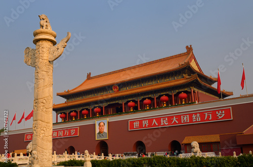 Stone column at Tiananmen Gate of Heavenly Peace entrance to Imperial City Beijing China photo
