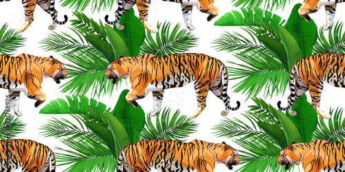 Tropical wallpaper with tigers and leaves