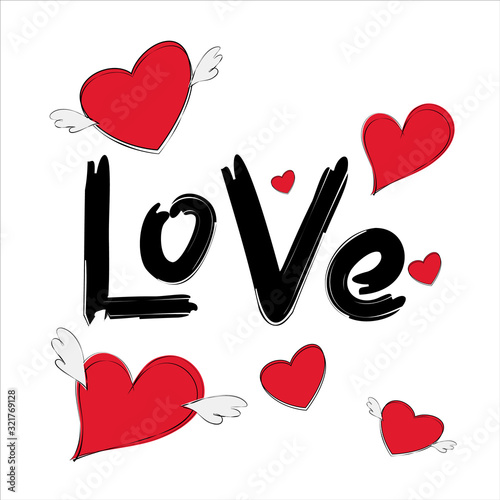 Love text. Calligraphic Lettering. Valentines day greeting card template.