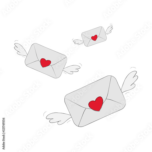 Vector illustration. Flying closed envelope with wax heart heart and wings.