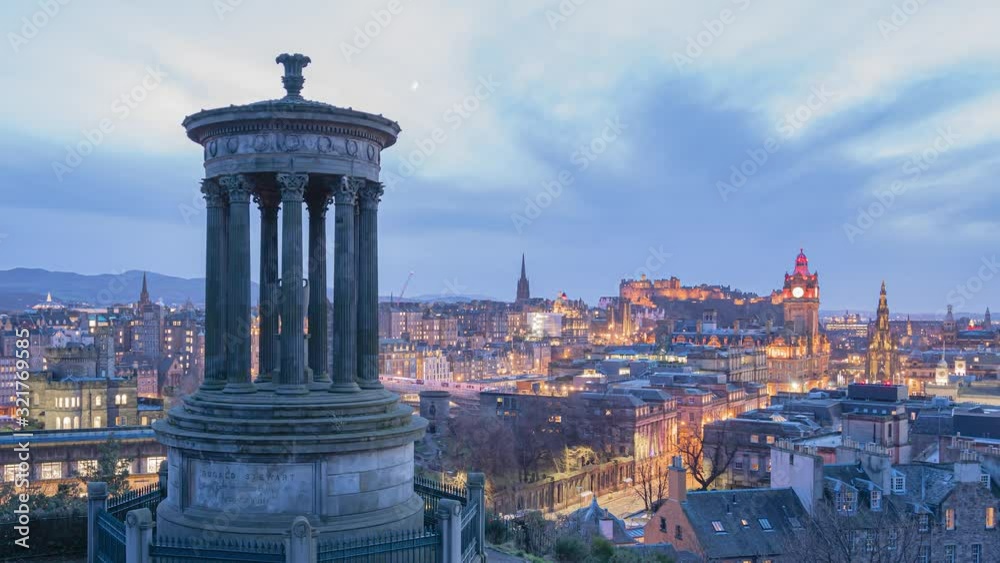 4K. Edinburgh city evening view, time lapse from Calton Hill, Edinburgh, Scotland.