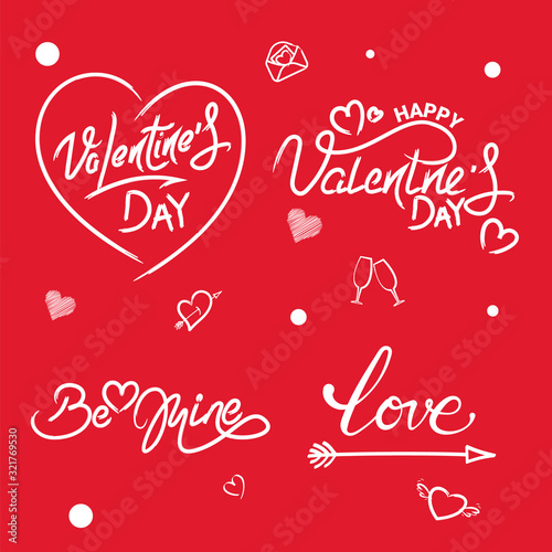 Happy Valentine s day text, hand lettering typography poster on red gradient background. Vector illustration.