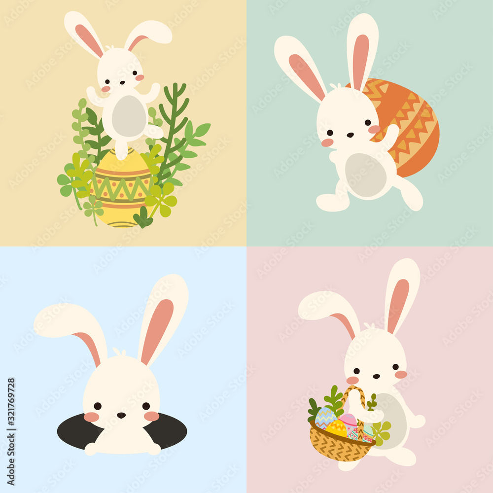 Set of cute kawaii cartoon flat vector easter white bunny, rabbit with decorative eggs, basket and spring flowers Set of cute kawaii cartoon flat vector easter white bunny, rabbit with decorative eggs, basket and spring flowers