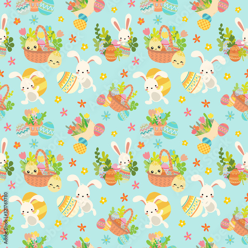 Seamless easter pattern with white bunny, rabbit with decorative ornamental eggs and spring bright flowers. Bright blue background