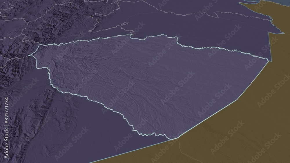 Pastaza, province with its capital, zoomed and extruded on the administrative map of Ecuador in the conformal Stereographic projection. Animation 3D