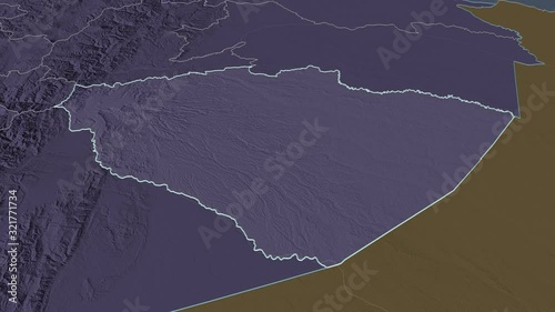 Pastaza, province with its capital, zoomed and extruded on the administrative map of Ecuador in the conformal Stereographic projection. Animation 3D photo