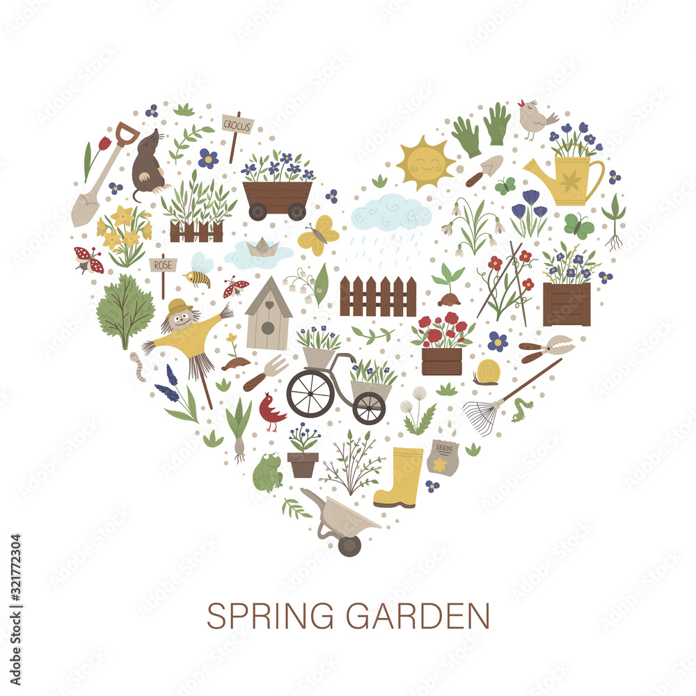 Vector frame with springy garden tools, flowers, herbs, plants. Gardening elements banner or party invitation framed in heart shape. Cute funny spring card template..