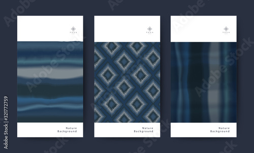 Set of Fabric Texture Indigo Nature Tie dye. Watercolor for Packaging Spa, Resort, Brochure, Poster. Clean and minimal Blue color. Vector illustration