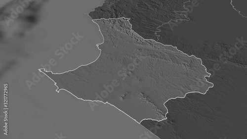 Santa Elena, province with its capital, zoomed and extruded on the bilevel map of Ecuador in the conformal Stereographic projection. Animation 3D photo