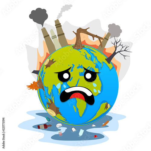 Mascot illustration featuring the earth suffering from flooding air pollution and deforestation