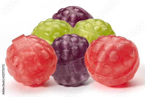 Konstfotografi Six different color balls of caramel like raspberries