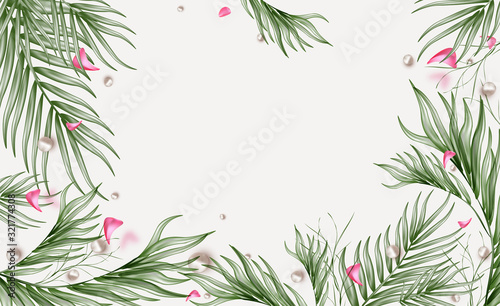 Spring sale horizontal banner with green leaves, flying pink petals. Season sale vector poster. Springtime floral vector background for sales, promotion, invitation