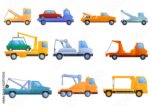 Tow truck icons set. Cartoon set of tow truck vector icons for web design