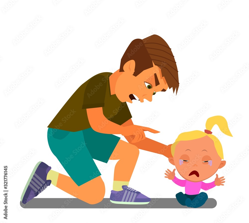 The older brother scolds his little sister. A little girl is crying. Vector illustration The older brother scolds his little sister. A little girl is crying. Vector illustration