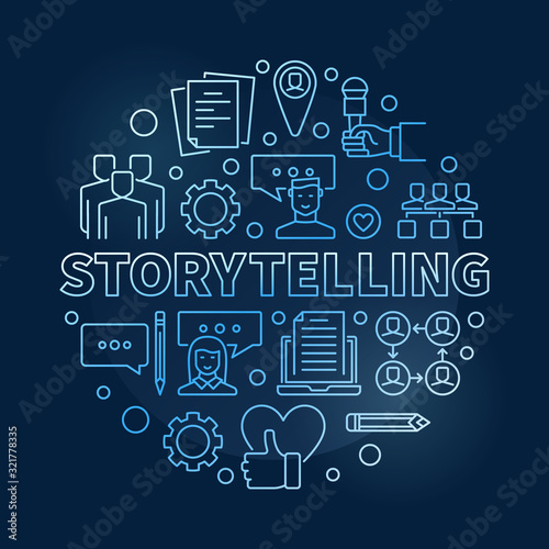 Storytelling vector circular concept outline blue illustration on dark background