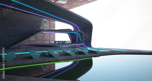 Abstract architectural concrete and rusted metal interior of a minimalist house with colored neon lighting. 3D illustration and rendering.