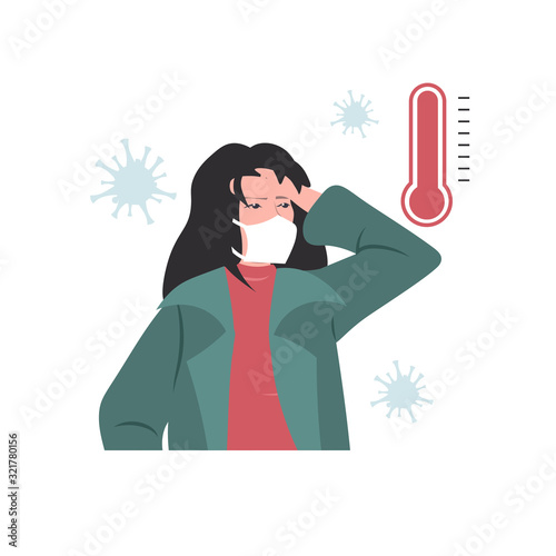 woman in mask feeling sickness epidemic MERS-CoV wuhan coronavirus fever temperature symptoms 2019-nCoV pandemic medical health risk portrait vector illustration