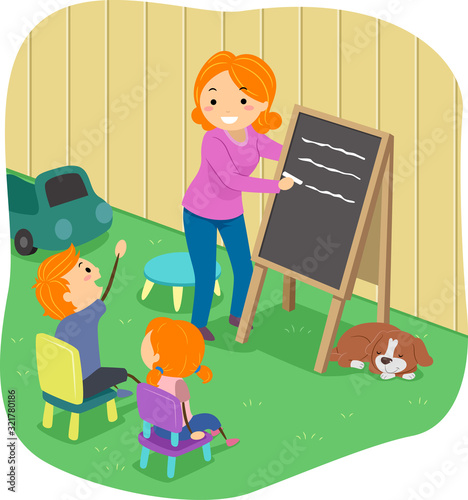 Kids Mom Home School Backyard Dog Illustration