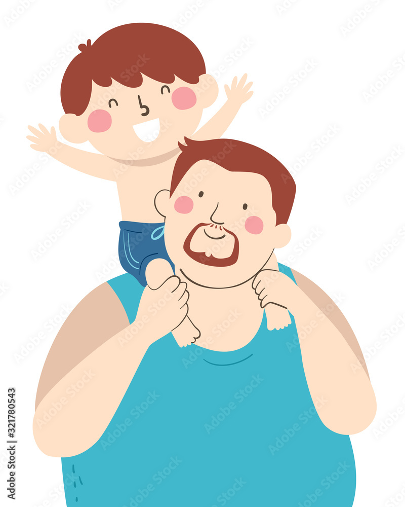 Kid Boy Dad Back Ride Swimming Illustration Kid Boy Dad Back Ride Swimming Illustration
