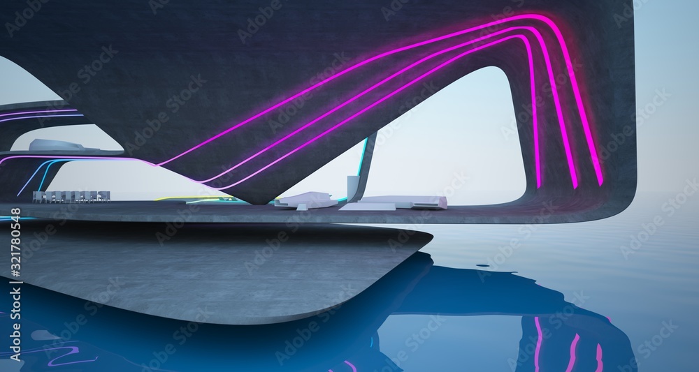 Abstract architectural concrete interior of a modern villa on the sea with colored neon lighting. 3D illustration and rendering. Abstract architectural concrete interior of a modern villa on the sea with colored neon lighting. 3D illustration and rendering.