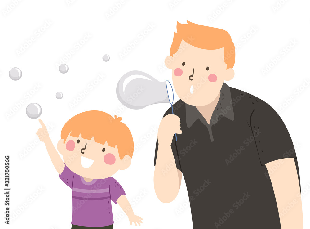 Kid Boy Dad Play Bubbles Illustration Kid Boy Dad Play Bubbles Illustration