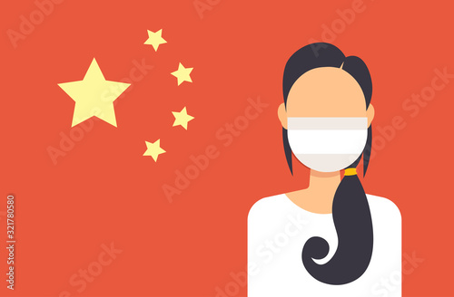 woman wearing protective mask epidemic MERS-CoV virus wuhan coronavirus 2019-nCoV pandemic medical health risk concept chinese flag background portrait horizontal vector illustration