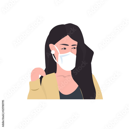 woman wearing mask to prevent epidemic MERS-CoV wuhan coronavirus 2019-nCoV pandemic medical health risk portrait vector illustration