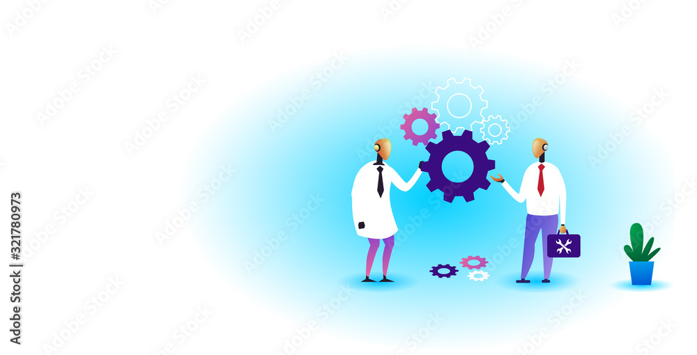 two robots holding cog wheel brainstorming process artificial intelligence technology teamwork concept horizontal full length vector illustration
