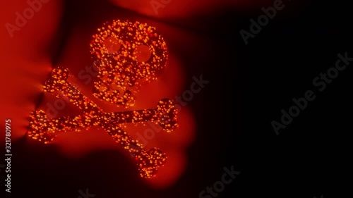 Skull and crossbones sign and symbol glow futuristic particle 3D rendering cube polygon pattern, Virus malware dangerous hacker concept design on black background animation 4K with copy space