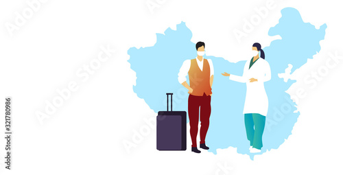 coronavirus infect control concept doctor in mask consulting illness patient traveler epidemic MERS-CoV floating influenza wuhan 2019-nCoV full length chinese map horizontal vector illustration