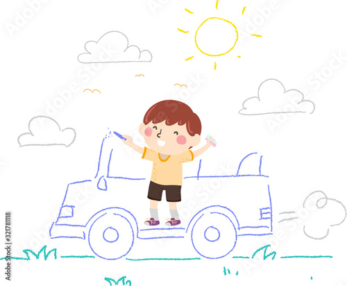 Kid Boy Draw Chalk Ride Car...