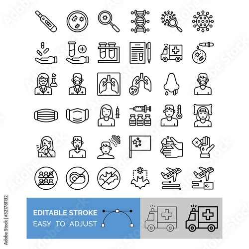 corona virus related doctor, flask, test tube, patient, girl, boy, injection, bacteria, magnifying glass, face mask, Chinese flag, hand wash, thermometer, capsule, and lung vector in lineal style,