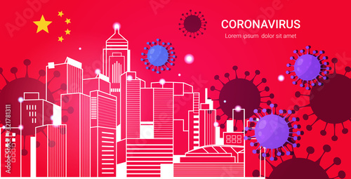 epidemic MERS-CoV bacteria floating influenza virus cells wuhan coronavirus 2019-nCoV pandemic medical health risk chinese flag modern city street cityscape background horizontal copy space vector