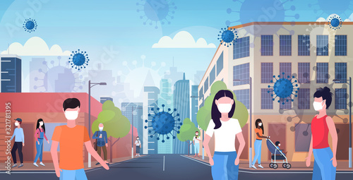 epidemic MERS-CoV bacteria floating influenza virus cells people in masks walking outdoor wuhan coronavirus quarantine 2019-nCoV modern city street cityscape background horizontal vector illustration