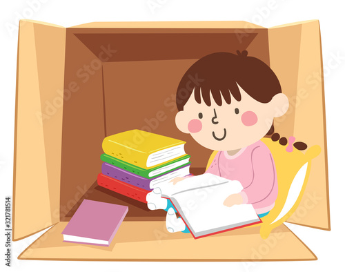 Kid Girl Read Books Inside Box Illustration