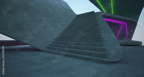 Abstract architectural concrete interior of a modern villa on the sea with colored neon lighting. 3D illustration and rendering.