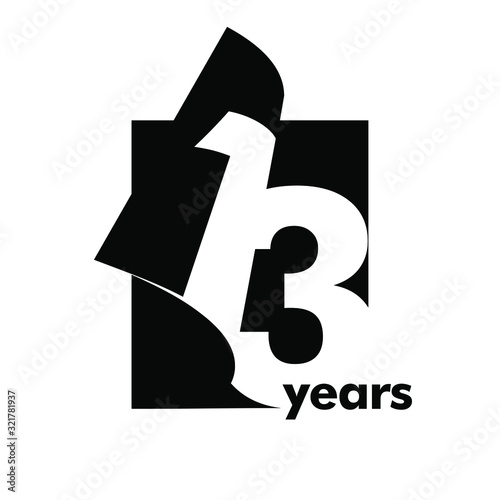 Isolated abstract logo 13 years. In the form of an open book, magazine. Happy greeting card for the 13 th birthday. Black color writing on white background.