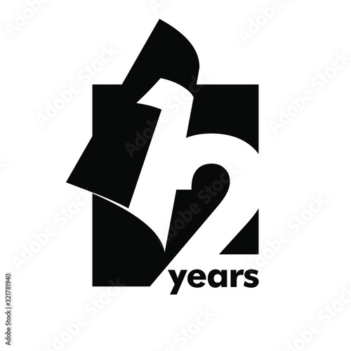 Isolated abstract logo 12 years. In the form of an open book, magazine. Happy greeting card for the 12th birthday. Black color writing on white background.