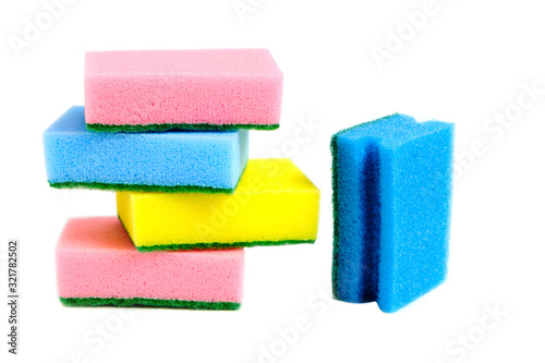 Foam sponge for washing dishes on a white background.