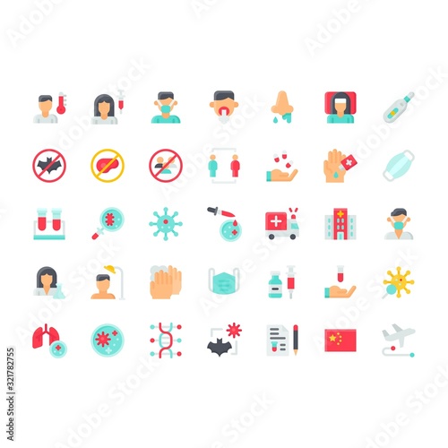 corona virus related doctor, flask, test tube, patient, mask, Chinese flag, hand wash, thermometer, capsule, and lung vector vector in flat design,