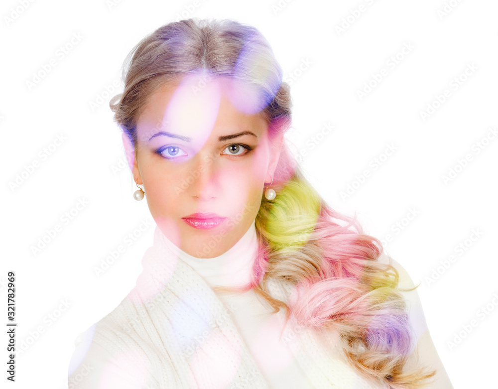 portrait of young woman on white background, double multiple exposure effect,combined images portrait of young woman on white background, double multiple exposure effect,combined images