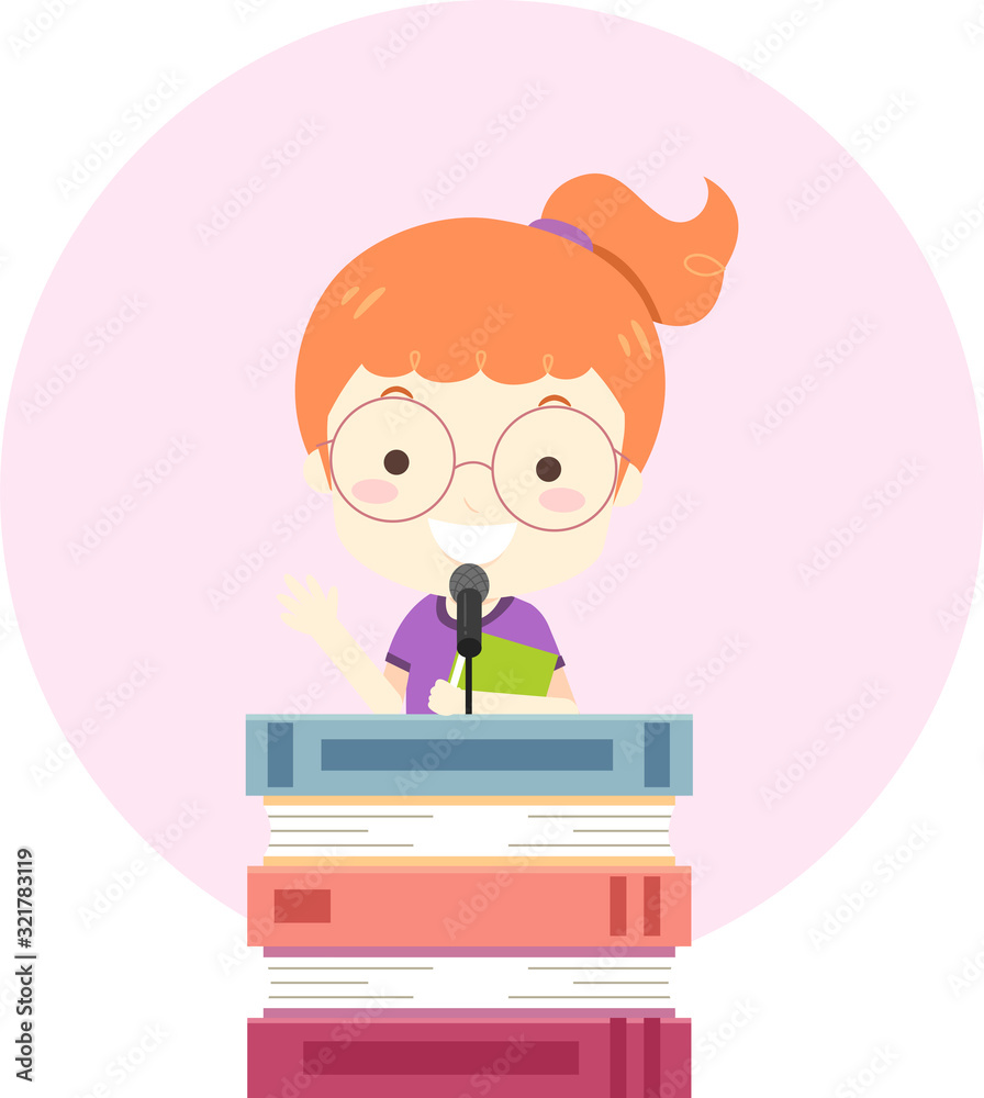 Kid Girl Books Lectern Speech Illustration Kid Girl Books Lectern Speech Illustration