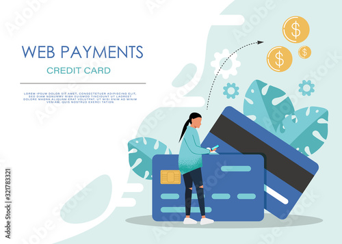 Mobile banking concept illustration of people sitting on credit cards and using mobile smart phone for online banking and accounting. Flat men and women with credit cards