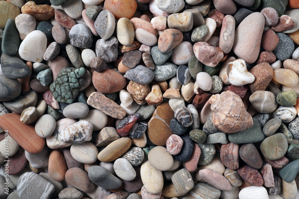Gravel pattern of colored stones with shell. Abstract nature pebbles background.Small sea stones on the beach, vacation at sea. Top view Gravel pattern of colored stones with shell. Abstract nature pebbles background.Small sea stones on the beach, vacation at sea. Top view
